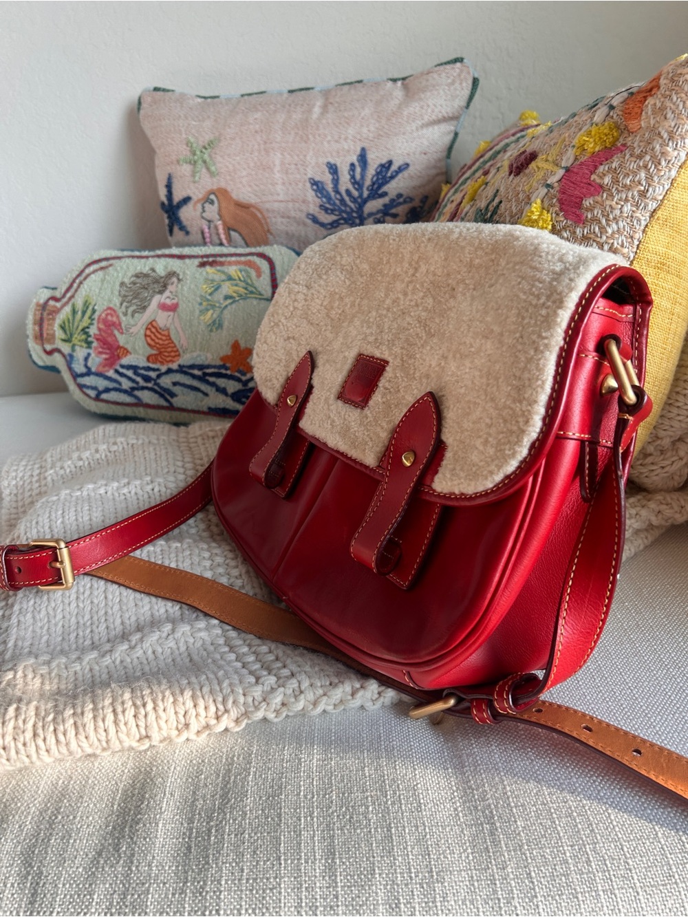 Dooney & Bourke Red Leather Crossbody with Shearling Flap